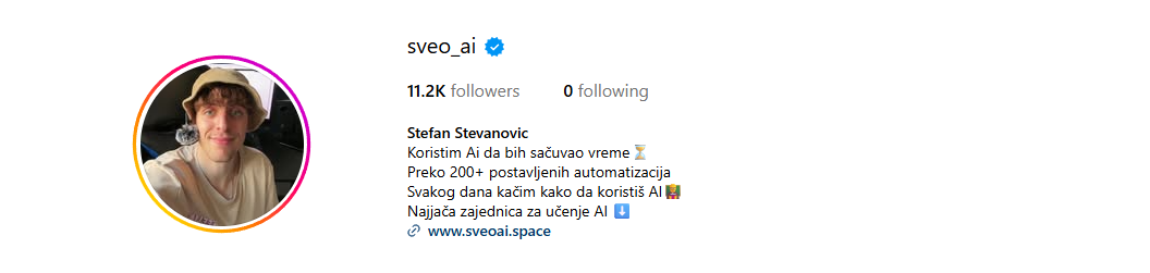 Instagram profil @sveo_ai, Stefan Stevanović, 11.2K pratilaca